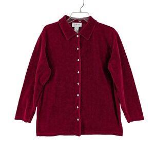 Talbots‎ Velour Button Down PS Burgundy Red Embossed Floral Damask Soft Luxe